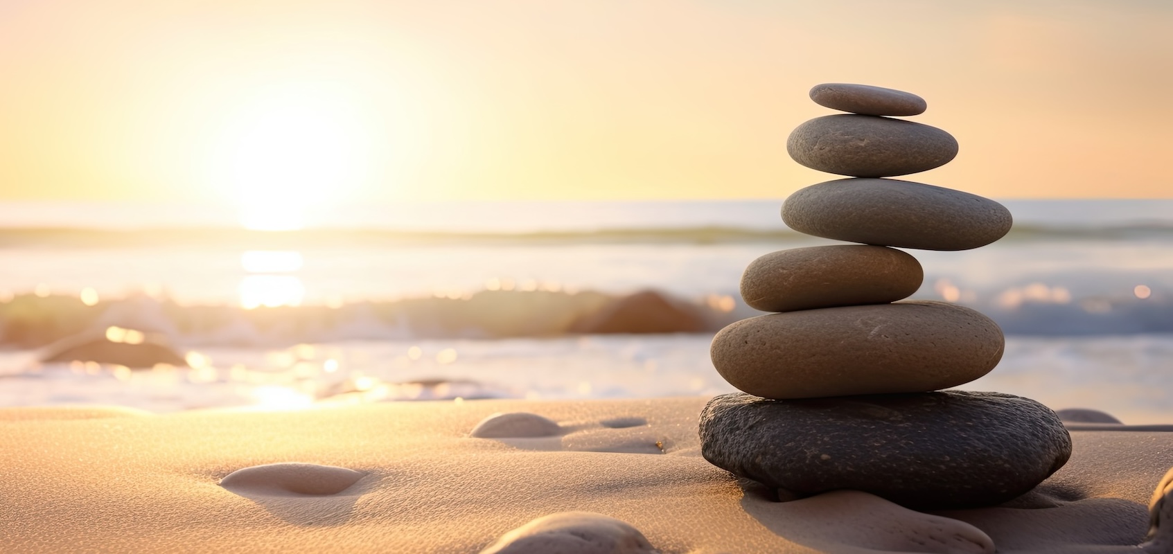 Zen Stones Balanced On The Beach With Copy Space. Sunrise Light. Meditation And Relaxation. Ai Generative